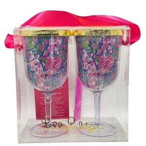 Lilly Pulitzer 2 Sip Sip Plastic Stemmed Cups w/ Straws Gumbo Limbo glasses NEW